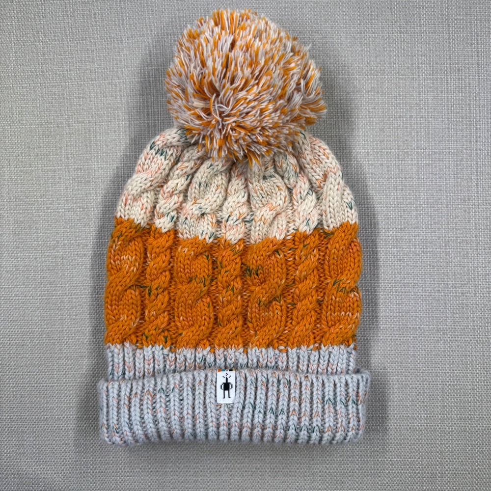 Smartwool Isto Beanie Merino Wool Blend Cable Knit Pom Orange Cream Grey OS